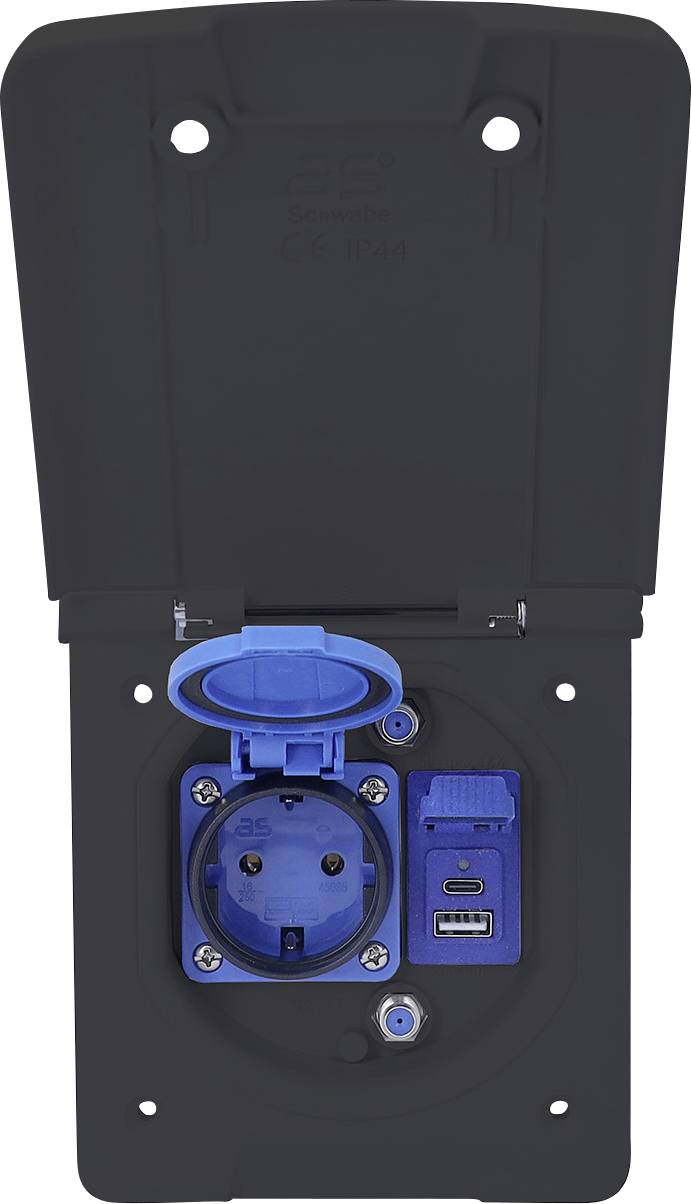 Black protective cover open, revealing a blue European electrical socket and USB ports for charging, mounted on a wall panel.