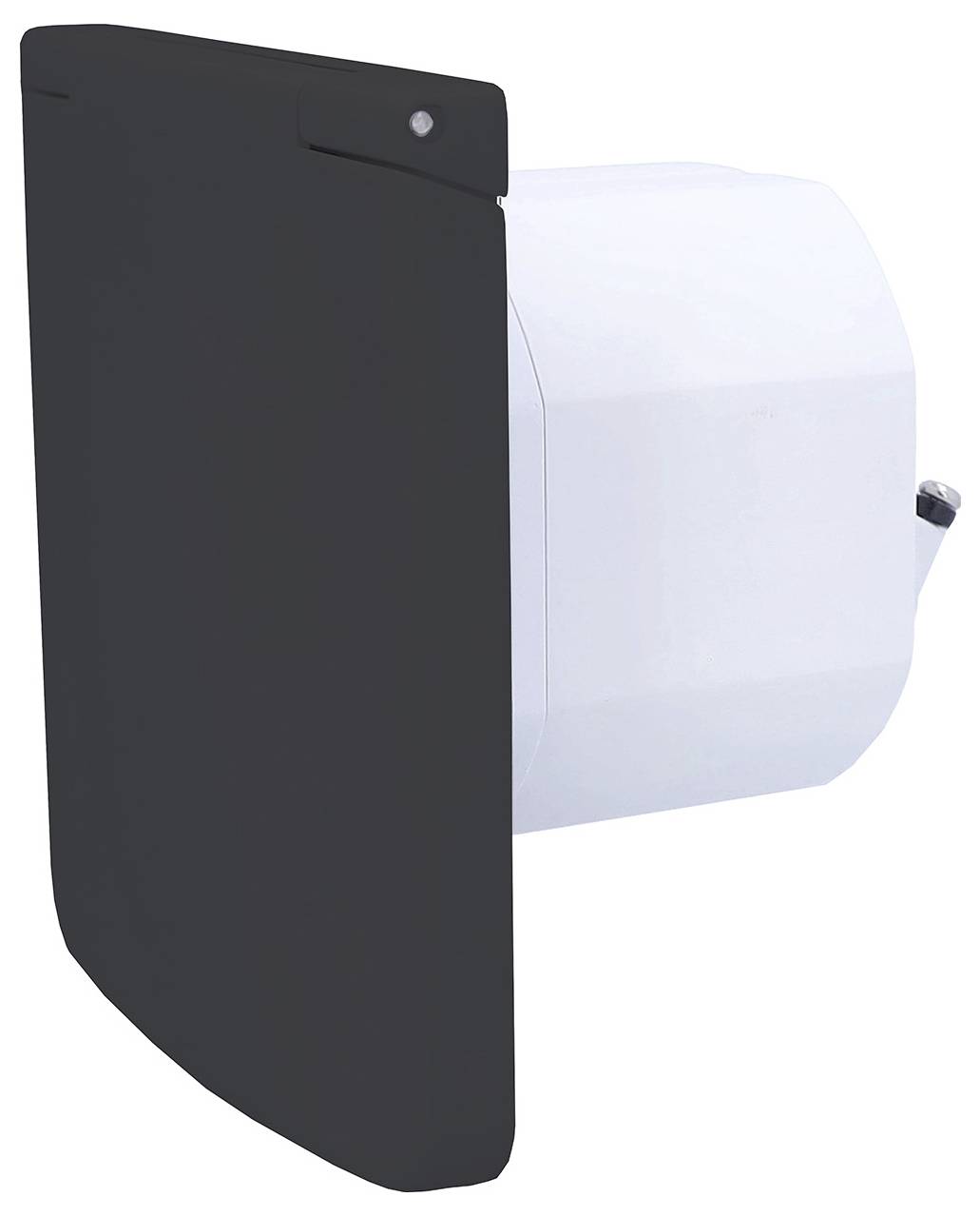 A modern wall-mounted indoor mailbox with a sleek black front and a white rear section.