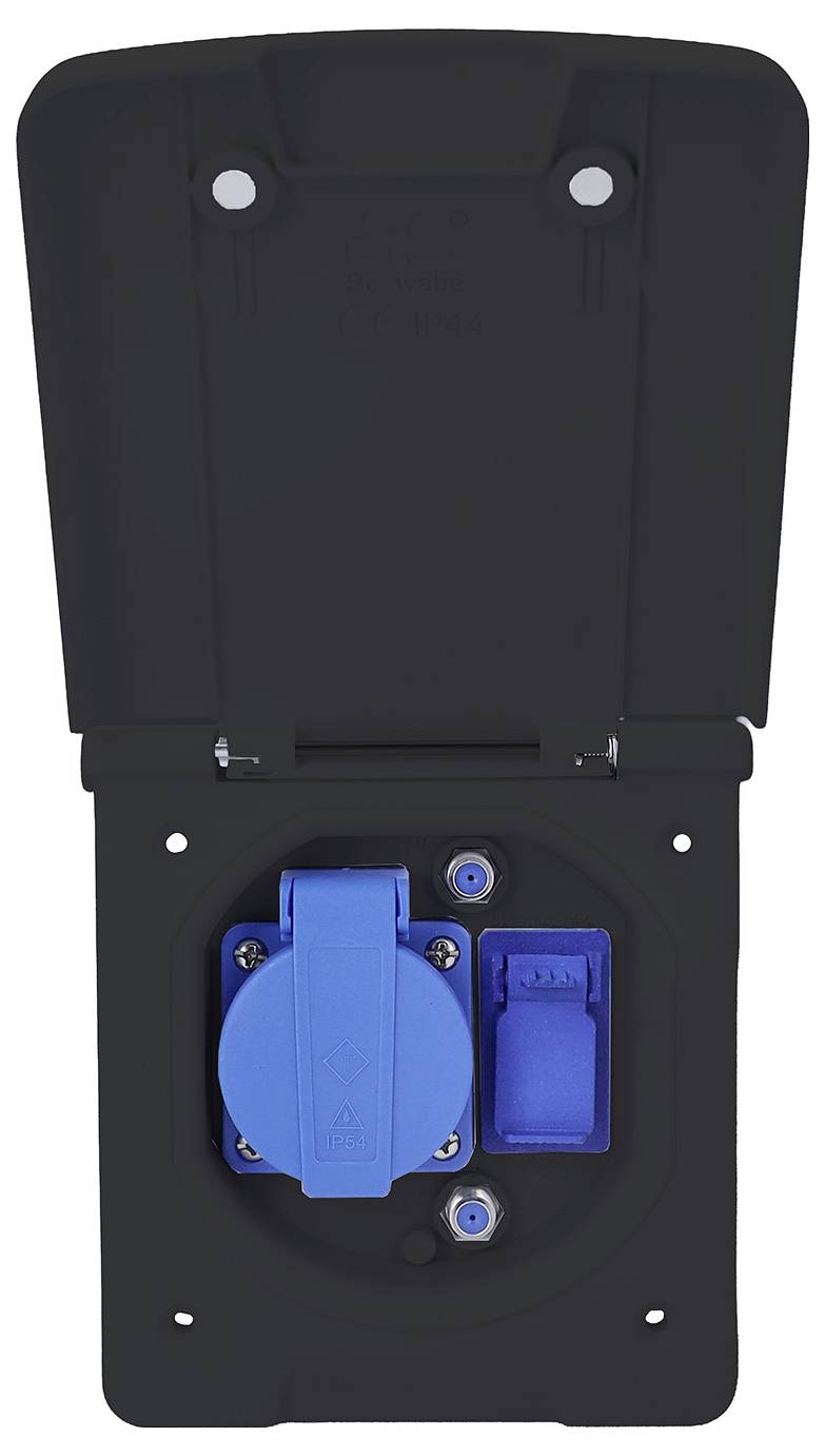 A black and blue power outlet with a protective cover, featuring a round socket and a rectangular switch, seen from the front.