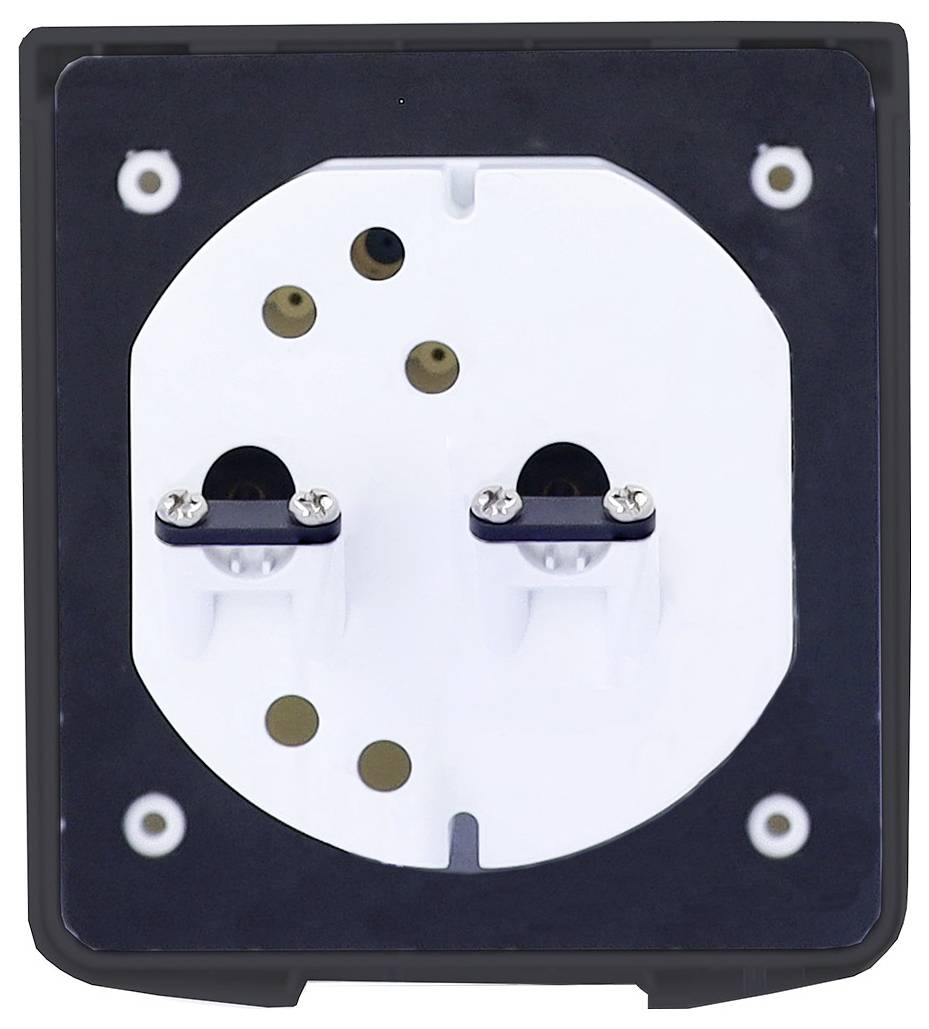 A close-up view of a European-style wall socket with two plug openings, mounted on a black and white panel, suitable for electrical connections.