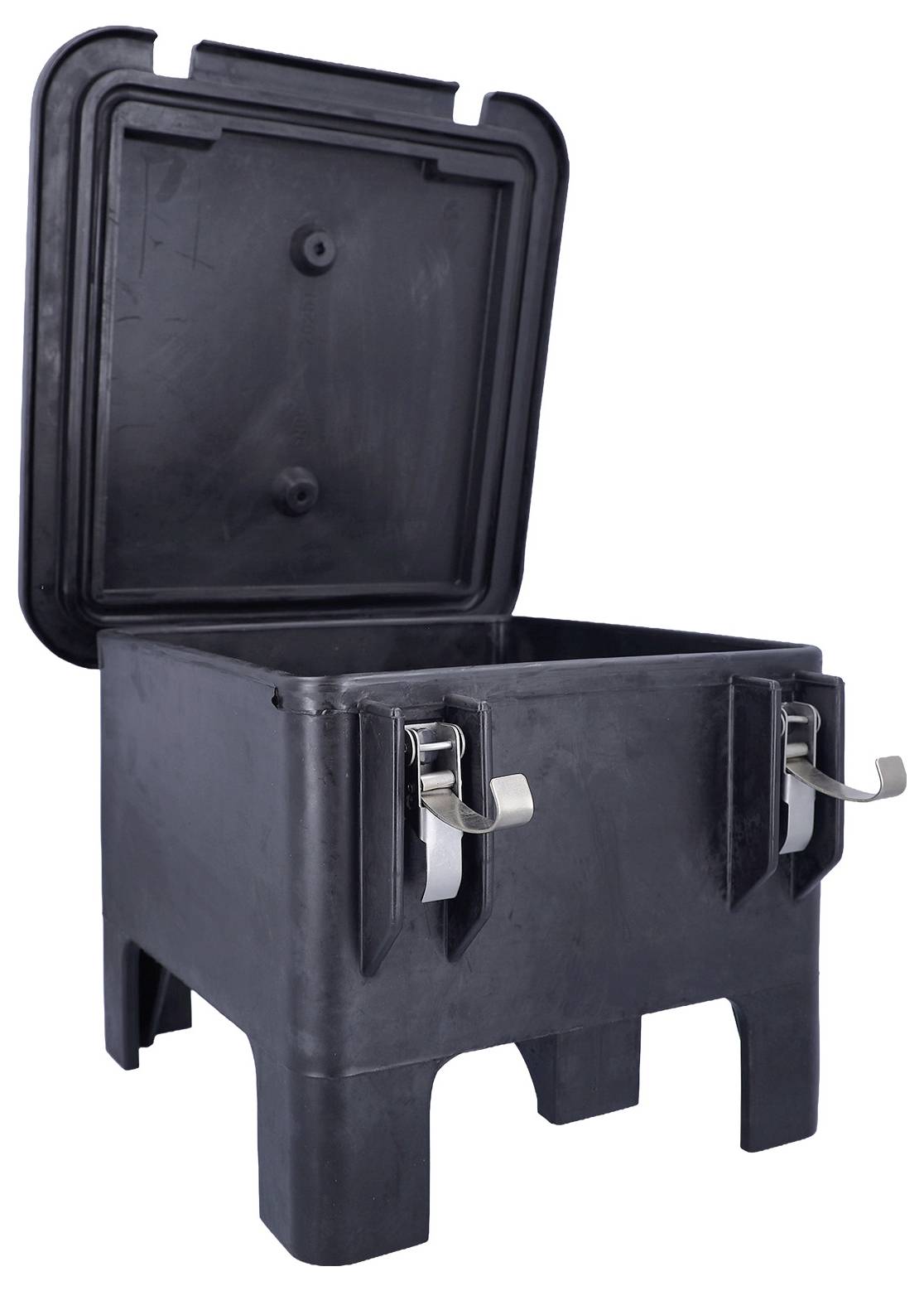An empty black plastic container with a hinged lid, open and showing metal latches on the sides, standing on short legs.