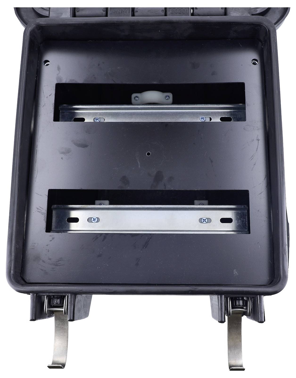 An open black box with two metallic brackets inside, mounted vertically. The lid is open, revealing the brackets secured with screws.