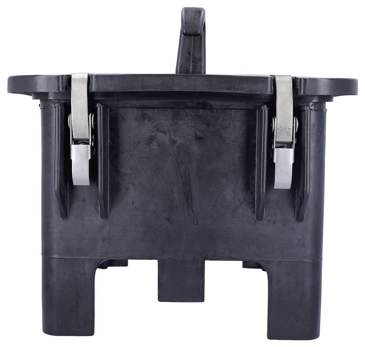 A plastic black bearing housing with metal clips and a central circular opening, designed for mechanical support and protection.