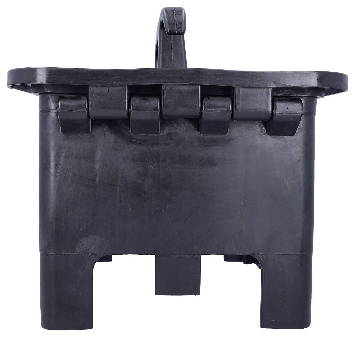 'Black rectangular plastic tile leveling wedge tool with a top handle and five notched edges, used for aligning tile surfaces.'