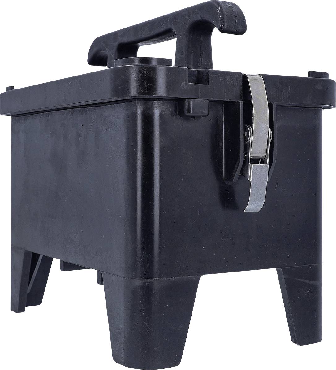 A sturdy black plastic box with a handle and metal latch, elevated on four short legs.