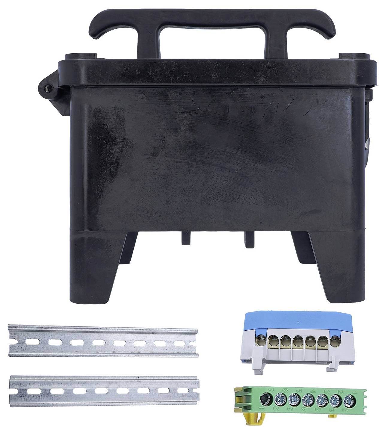 A black electrical enclosure with a handle, accompanied by metal mounting rails and two terminal blocks in blue and green.