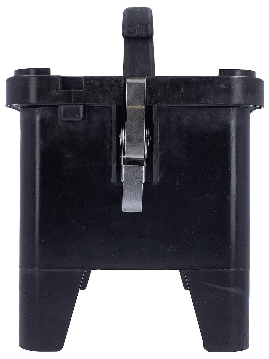A black, rectangular, plastic container with a handle and latch, elevated on four legs, viewed from the front.