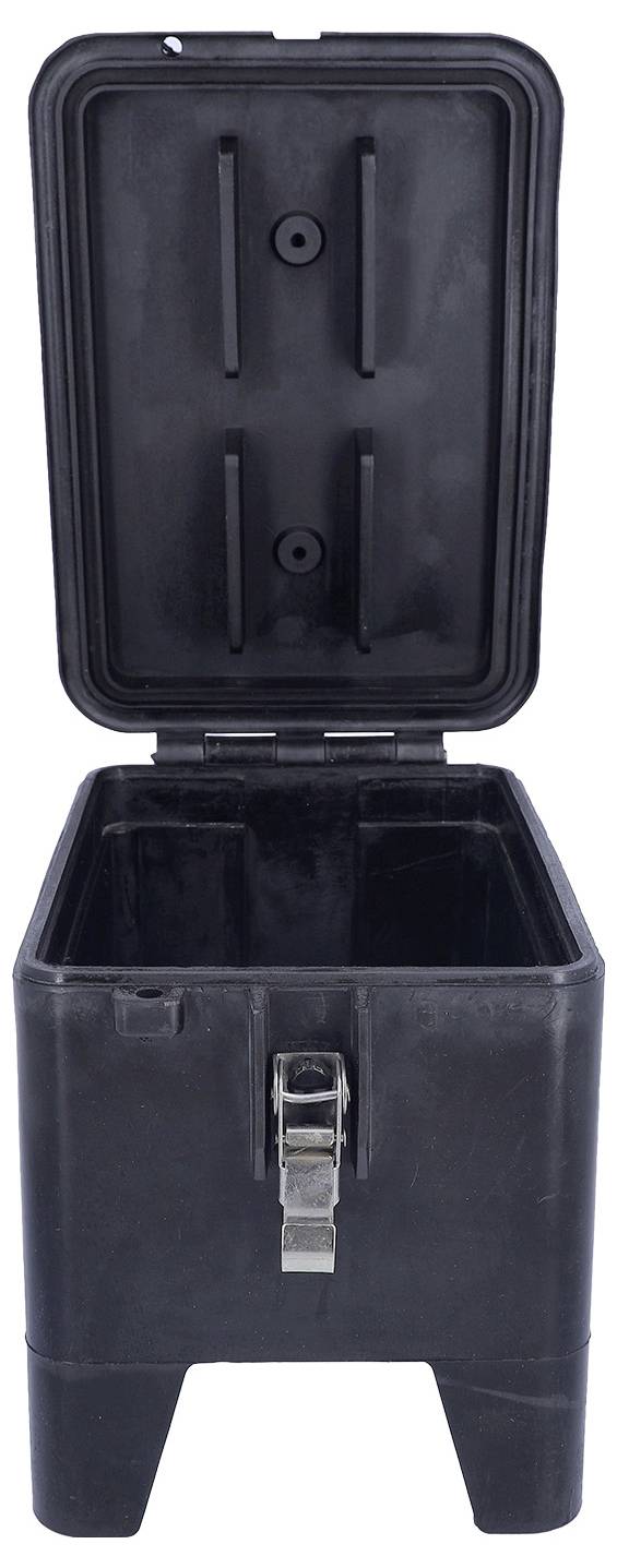 A black, rectangular, open container with a hinged lid and a front latch, designed for secure storage.