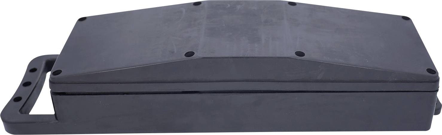 A rectangular black plastic case with a handle and several screw holes on top, likely for protective storage or transportation.