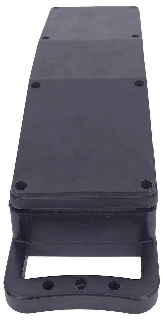 A black, rectangular electronic device with rounded edges and screw holes, featuring a handle at the bottom for easy carrying.