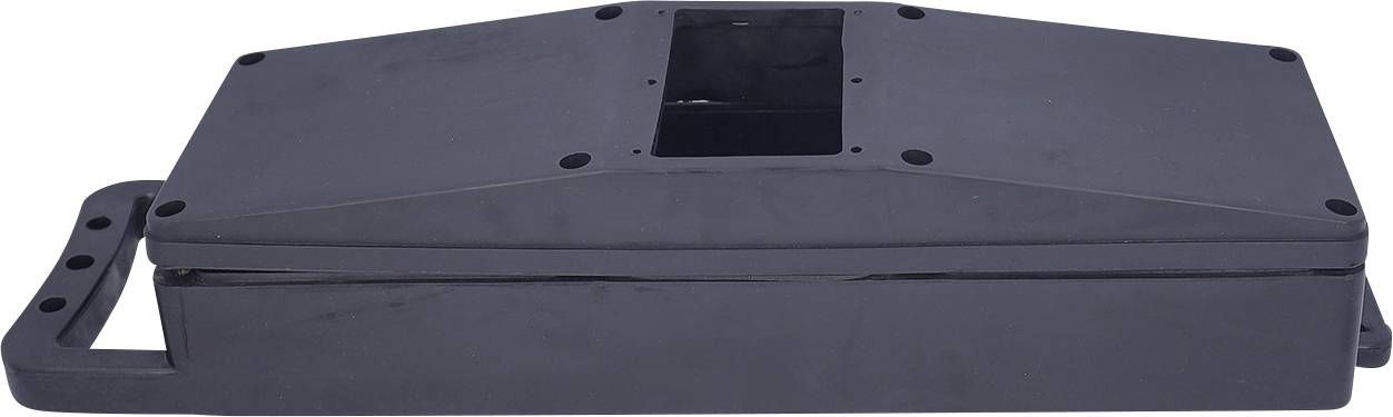 A black, rectangular, metal enclosure with a hexagonal top, featuring a central rectangular opening, possibly for ventilation or access.