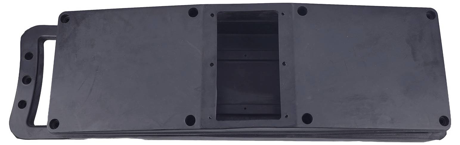 A black, rectangular plastic tray with a handle on the left and a rectangular cutout in the center.