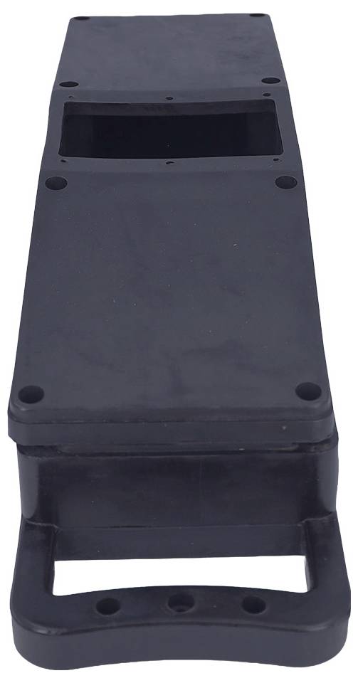 A black rectangular plastic casing with screw holes and a handle, likely used for housing electronic components.