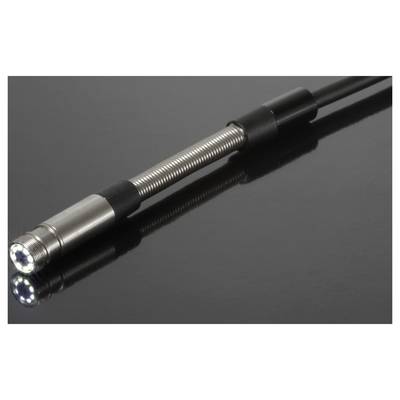Close-up of a threaded metal sensor probe or industrial cable on a reflective dark surface, with a black connector end and bright tip.