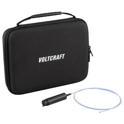 Black VOLTCRAFT carrying case with a handle, shown with a small cylindrical connector and attached blue cable on a white background.