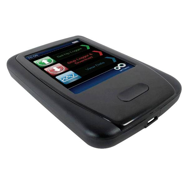 A handheld electronic device displaying a colorful interface with buttons labeled 'Setup Logger', 'View Data', and graph icons.