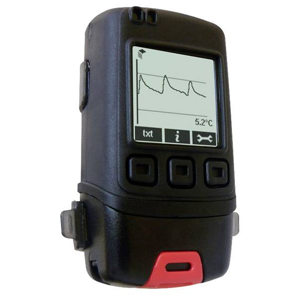 A portable device displays a line graph on its screen, showing temperature trends with a measurement reading '5.2°C'.