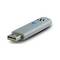 A gray USB flash drive with a blue indicator light and a ventilation slot on top.