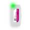 A small white wireless alert device with a green LED indicator glowing on the top left corner and a QR code on the label in the center.