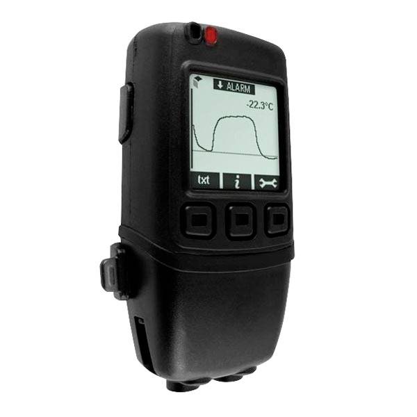 A portable digital thermometer displaying '-22.3°C' with an alarm notification and three buttons below the screen.