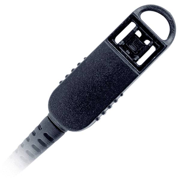 A black electrical cable connector with a rectangular head and a loop at the end, typically used for secure connections in electronic devices.