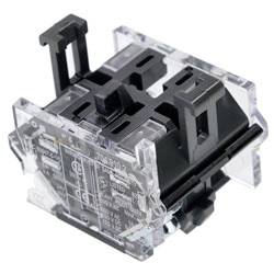 A transparent plastic and black electronic switch component, viewed from an angle, used for mechanical assembly in devices or keyboards.