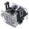 A transparent plastic and black electronic switch component, viewed from an angle, used for mechanical assembly in devices or keyboards.