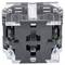'A black and grey double pole double throw (DPDT) switch with transparent casing, showcasing internal components like springs and terminals.'