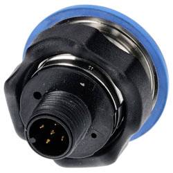 A black and blue circular electrical connector with five gold pins, viewed close-up, used for audio or industrial equipment connections.