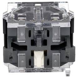 A transparent contact block for electrical switches, featuring a cubic shape with visible connectors and a black internal structure.