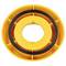 A yellow circular plastic object with a central hole and black rubber ring inside, possibly a gasket or sealing component.
