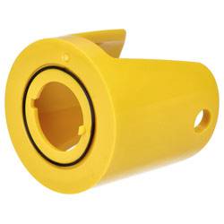 A yellow plastic cylindrical tool with a hollow interior and an O-ring, featuring tab-like protrusions, designed for socket or plug use.