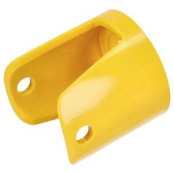 A yellow plastic bracket with a U-shape, featuring holes on the sides, often used for mounting or securing cylindrical objects.