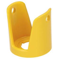 Yellow wall bracket for securing fire extinguishers, featuring two holes for mounting.