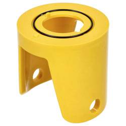 Yellow plastic holder with circular opening and side holes, potentially for securing or mounting purposes.