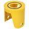 Yellow plastic holder with circular opening and side holes, potentially for securing or mounting purposes.