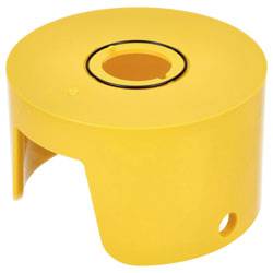 A yellow plastic protective cover with a round opening, designed to fit over a valve or similar component.