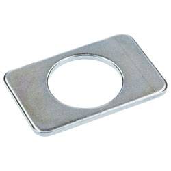 A rectangular metal washer with a central circular hole, used to distribute load of threaded fasteners.