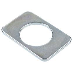 'Rectangular metal washer with a central circular hole, used for distributing load of a threaded fastener.'