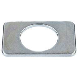 A rectangular metal plate with a round cutout in the center.