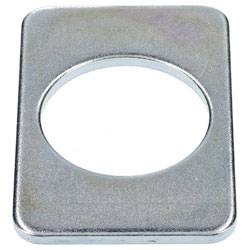 A rectangular metal washer with a central circular hole, designed for distributing load, commonly used in mechanical applications.