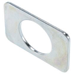 A rectangular metal shim with a central circular hole, used for spacing or adjustment in mechanical assemblies.