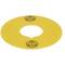 A yellow plastic disk with a central hole, featuring two identical symbols—a triangle with an exclamation mark inside—on opposite sides.