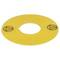 A yellow, circular plastic disc with a central hole and two black symbols spaced evenly on its surface.