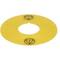 A yellow flat disc with a central hole, featuring caution symbols on opposite sides.