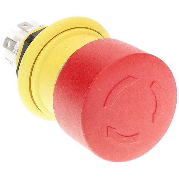 'A red emergency stop button with a yellow base and multiple terminals on the back, often used in machinery for safety purposes.'