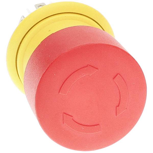 A red emergency stop button with a yellow base, featuring three curved arrows embossed on the top, often used for safety shutdowns.