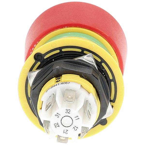 A red and yellow emergency stop button with multiple connection points, designed for safety control systems in machinery or industrial equipment.