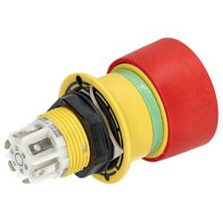 'Industrial emergency stop button showing a red actuator with yellow housing, used for safety to quickly halt machinery operations.'