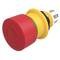 A red emergency stop button with a yellow base and metal connectors, used for quickly shutting down machinery or equipment in emergencies.